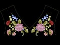 Colorful trend neckline pattern with peonies, roses and forget m