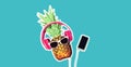 Colorful trendy image of stylish pineapple in wireless headphones listening to music with phone on blue background, magazine style