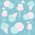 Cute colorful trendy summertime seamless vector pattern background illustration with leomon slice, cocktails and ice cream cone