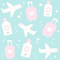 Cute colorful trendy summertime seamless vector pattern background illustration with suitcase, sunscreen and airplane