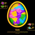 Colorful triangle Easter egg with gold contour on the black background. Sale Easter banner Royalty Free Stock Photo