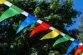 Colorful triangular flags of decorated celebrate outdoor party sunlight