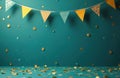 Colorful triangular flags, gold confetti float against teal backdrop. Scattered gold circles, squares trash floor, air, Royalty Free Stock Photo