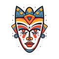 Colorful tribal mask illustration, vibrant traditional African Aztec design, symmetrical facial