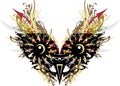Colorful tribal owl head with floral patterns and dark red arrows