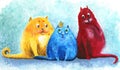 Colorful trio of cats. Funny and bright illustration hand painted with gouache painting. Cute print for greeting cards, posters