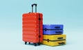 Colorful trolley suitcases on light blue background. Travel object and wanderlust concept. 3D illustration rendering Royalty Free Stock Photo