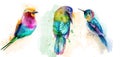 Colorful tropic birds watercolor Vector. Beautiful parrots, humming bird exotic set collections