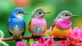 Colorful tropical birds sitting on a tree branch. Exotic pink flowers. Green nature background Royalty Free Stock Photo