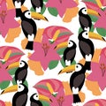 Colorful tropical bouquets and parotts, seamless pattern