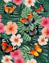 Colorful tropical butterflies flutter around vibrant flowers on a hell background lively painting