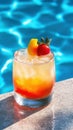 Colorful tropical cocktail with fruit garnish by poolside Royalty Free Stock Photo