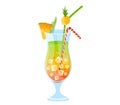 Colorful tropical cocktail with pineapple and ice cubes. Summer refreshing drink with striped straw and fruit garnish Royalty Free Stock Photo