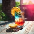 Colorful tropical cocktail on a wooden table on a sunny day. Multicolored limonade illustration. Transparent drinking glass with Royalty Free Stock Photo