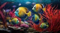 Colorful tropical discus fish gracefully navigate vibrant coral reefs, Ai Generated Royalty Free Stock Photo