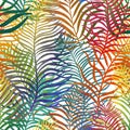 Colorful tropical feather palm leaves. Rainbow watercolor seamless botanical pattern Royalty Free Stock Photo