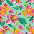 colorful tropical flowers seamless pattern on mint green background, AI generated
