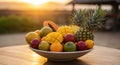 Colorful Tropical Fruit Bowl at Sunset Royalty Free Stock Photo