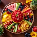 Vibrant tropical fruit platter featuring pineapple, watermelon, and mango slices. Royalty Free Stock Photo