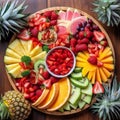 Vibrant tropical fruit platter featuring slices of pineapple, watermelon, and mango