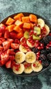 Colorful tropical fruit salad with papaya, pomegranate, and banana on green background Royalty Free Stock Photo