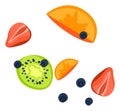 Colorful tropical fruits and berries composition. Flat design kiwi, strawberry, orange slice, and blueberries vector