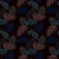 Colorful tropical leaves on dark summer night seamless pattern,vector illustration