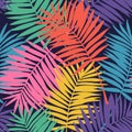 Colorful tropical leaves drawing seamless pattern. Abstract palm leaf silhouette on dark background Royalty Free Stock Photo