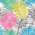 Colorful tropical leaves drawing seamless pattern. Abstract palm leaf silhouette, line art background Royalty Free Stock Photo