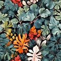 Colorful Tropical Leaves Seamless Pattern Colorful Digital Background Artwork Design - ai generated