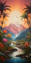 Colorful Tropical Painting With River And Flowers Royalty Free Stock Photo