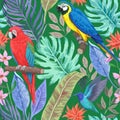 Colorful tropical seamless pattern with exotic birds and flowers. Vector illustration Royalty Free Stock Photo