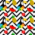 Colorful tropical seamless vector pattern background illustration with toucan, flowers, watermelon and pineapple Royalty Free Stock Photo