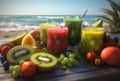 Colorful tropical summer alcohol cocktails on the beach