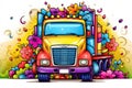 a colorful truck with flowers on the front and a white background. generative ai
