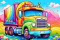 a colorful truck is parked in the middle of a field. generative ai