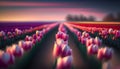 Colorful tulip field at sunset in Holland, Netherlands. 3d render Royalty Free Stock Photo