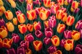 Colorful tulip flowers bloom in the garden in spring season