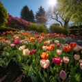 Colorful tulip flowers bloom in the spring garden. Natural floral background.