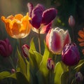 Colorful tulip flowers blooming in the garden at sunset.