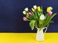 Colorful tulip flowers in a white jag on blue and yellow background Royalty Free Stock Photo