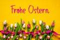 Colorful Tulip, Frohe Ostern Means Happy Easter, Easter Egg, Yellow Background