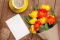 Colorful tulips, greeting card and coffee Royalty Free Stock Photo