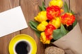 Colorful tulips, greeting card and coffee Royalty Free Stock Photo