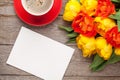 Colorful tulips, greeting card and coffee cup Royalty Free Stock Photo
