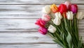 Colorful tulips on rusty wood background. AI generated.