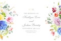 Colorful tulips, peony, purple hyacinth, blue hydrangea, dahlia, pink and yellow rose vector design invitation frame Royalty Free Stock Photo