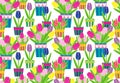 Colorful tulips in pots seamless vector pattern