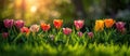 Colorful Tulips Scattered in Grass Royalty Free Stock Photo