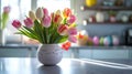 Colorful tulips in a white vase on a modern kitchen counter Royalty Free Stock Photo